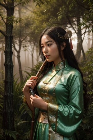 dreamlike movie portrait of beautiful chinese wuxia girl blowing a dizi flute in a magical forest, hold a sword, wushu pose, surreal fantasy, highly detailed, in picturesque treetops. Forlorn. Long Exposure. cinematic, atmospheric lighting, detailed foliage, surreal atmosphere, intricate wuxia costume, chiffon