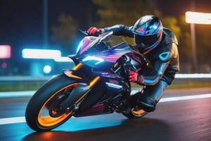 8K, UHD, low angle shot, photo-realistic, cinematic, dramatic angle crop, night street scene, slow shutter speed, 1600cc big motorbike racer banking very low on a bend, eyes seen through helmet, beautiful futuristc bike with neon lights, focused look, depth of field, small sparks
