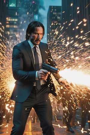 8K, UHD, first-person low-angle perspective, panoramic, photo-realistic, cinematic, destopian lighting, John Wick with pistol, spark from pistol, bullets flying, multiple enemies in armoured suit fighting scene from John Wick movie