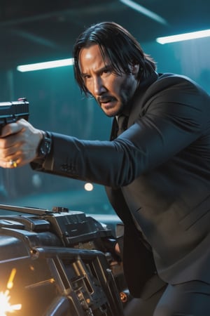 8K, UHD, first-person low-angle perspective, panoramic, photo-realistic, cinematic, destopian lighting, John Wick with pistol driving a truck, spark from pistol, bullets flying, shooting at multiple enemies in armoured suit, fighting scene from John Wick movie