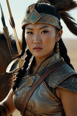 8K, UHD, panaromic shot, photo-realistic, cinematic, dark light, dystopian lighting, photo of ancient mongolians, female drawing arrow, multiple mongol warriors, tanned skin, perfect composition, detailed intricate ancient mongolian fashion, fighters shooting bows and arrows, swords, war scene, battle, detailed patterned headwear, fur, riding horses, sand volumetric, masterpiece, tents, charging on horses, gobi desert.