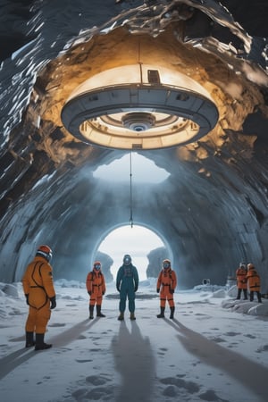 8K, UHD, wide-angle perspective, photo-realistic, cinematic, dystopian misty skies, portrait of explorers and scientists in winter suit, antarctica secret research base, overlooking underworld high ceiling cave with grounded giant UFO craft, strange reflective sky mirroring alternate universe,  secret undiscovered world, 