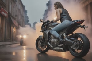Rear view of sports motorbike, sportsbike with big Akrapovic exhaust. (ultra-realistic girl:1.1) (bend over riding) no helmet, sleeveless leather, short torn denim, wide low angle view, intense close-up, wet city streets, cinematic, volumetric smoke, dusk, ambient occlusion,aesthetic portrait,score_9