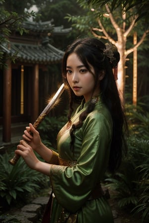 dreamlike movie portrait of beautiful chinese sexy wuxia girl in a magical forest swinging a chinese sword, surreal fantasy, highly detailed, in picturesque treetops. Forlorn. Long Exposure. cinematic, atmospheric lighting, detailed foliage, surreal atmosphere,