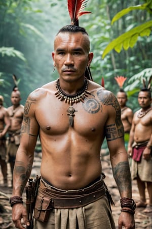 8K, UHD, full_body perspective shot, portrait, photo-realistic, cinematic, ancient mohicans civilization, multiple tribe members, villagers, tribe village in the jungle, ultra-detailed, weapons, close to nature, perfect lighting, peaceful, tranquil, vintage photo feel, tattoos, dirt face, depth of field, bokeh