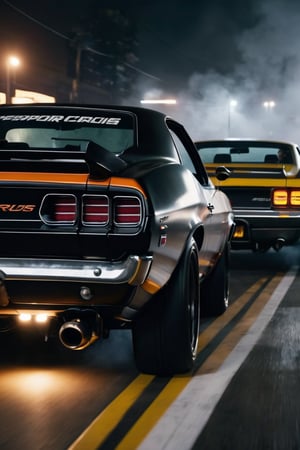 8K, UHD, first-person low-angle perspective, panoramic, photo-realistic, cinematic, destopian lighting, dark atmosphere, japanese fast and furious. muscle cars, driver pretty girls, speed chase, smoke, mist