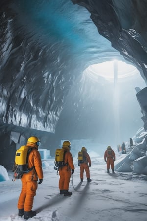 8K, UHD, wide-angle perspective, photo-realistic, cinematic, dystopian misty skies, antartica secret snow base, explorers and scientists in winter suit standing in deep tall underground cave, overlooking a different dimension, underworld filled with research building, reflective sky mirroring the actual world on the ground, lost in liminal space, ground oil drills. gigantic advanced power timemachines, creepy caves, secret undiscovered world, many antarctica explorers with experimental equipments, prehistorical mystery creatures