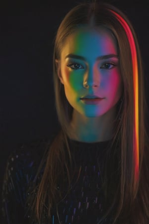 8K, UHD, medium format shot, photo-realistic, cinematic, slow exposure rainbow lights, totally dark indoor environment, minimal lighting, portrait of pretty model girl in fully dark room with no light. all black environment, all black walls, cast with colourful gobo light projection on face, (illuminate face only:1.1) multi colourful straight parallel rows of light rainbow reflect on face, partial face in ultra dark shadow, 