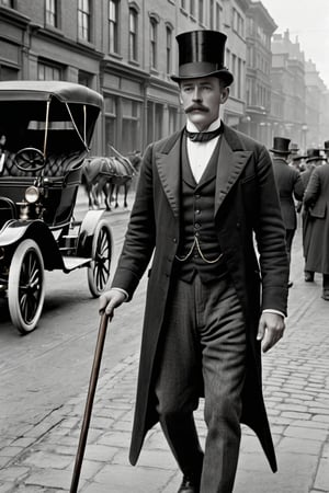 8K, UHD, medium format, photorealistic, portrait, black and white photo, B&W, Edwardian Era, early 1900s fashion, year 1896, (victorian man in the streets:1.1) walking cane, busy 19th Century streets, horse-carriages and men, vintage gasoline-powered vehicle in background