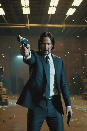 8K, UHD, first-person low-angle perspective, panoramic, photo-realistic, cinematic, destopian lighting, shooting scene from John Wick movie, John Wick with pistol, spark from pistol, bullets flying