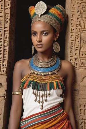 8K, UHD, portrait, full_body perspective, photo-realistic, cinematic, photo of ancient ethopia girl royalty, 800 BCE, dark skin, perfect composition, beautiful detailed intricate ancient Lalibela style fashion, detailed patterned fabric headwear, stone jewelry, perfect light, masterpiece, extravagant city of Aksum palace, stone churches, Sabean architecture, obelisk with carvings, Aksumite Civilizations, pet walia ibex