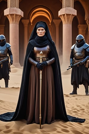 8K, UHD, low-angle perspective, panoramic, photo-realistic, first-person view, cinematic, scene from dune movie, sand dust, portrait of female black magician with staff and covered headscarf, Harkonnen soldiers carry weapon in house of Harkonnen, indoor palace, bald Baron Vladimir Harkonnen on throne