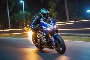 8K, UHD, low angle shot, photo-realistic, cinematic, dramatic angle crop, night street scene, slow shutter speed, big motorbike banking very super low on a bend, knee touching road, eyes seen through helmet,  rider wearing motogp racewear, beautiful 1600cc futuristc bike with neon lights, focused look, depth of field, small sparks on wheel, smoke on back wheel,  chased by police car in background