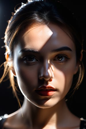8K, UHD, Fujifilm XT1, angled perspective portraits, photo-realistic, show face only, detailed eyes, pretty girl in front of black background, (shapes light cast on face:1.1) geometrical harsh natural highlights on face, intense sunlight shining through geometrical shape template casting light shadows