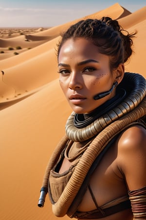 8K, UHD, wide-angle perspective, panoramic, photo-realistic, cinematic, realistic skin texture and natural skintone, many multiple tribesmen nomads with breathing apparatus,  advanced weapons, pretty girl nomadic desert tribe people, dangerous sand dunes, sandworm monsters, many huge spice harvesters, scene from dune movie, sandworms