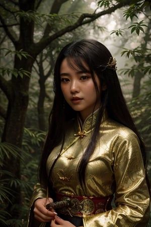 dreamlike movie portrait of beautiful chinese sexy wuxia girl in a magical forest carrying a chinese sword, surreal fantasy, highly detailed, in picturesque treetops. Forlorn. Long Exposure. cinematic, atmospheric lighting, detailed foliage, surreal atmosphere,