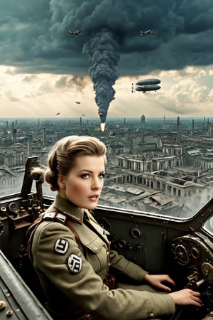 8K, UHD, panaromic perspective, photo-realistic, cinematic, female german soldier in airship cockpit, first-person-view from top of building shooting at something, photo of many german steampunk blimps in sky, many fighter aircrafts, volumetric cinematic dark light, vintage tinted, dystopian lighting, masterpiece, dark clouds, world war 2, perfect composition, dystopian skies, old photograph colour, war scene, battle, nazi soldier, tall building, devastation below, demolished buildings, multiple explosions, bombs dropping