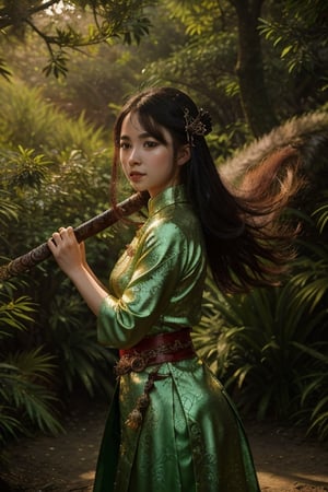 dreamlike movie trailer of beautiful chinese wuxia girl in a magical forest holding a shiny sword, wushu pose, surreal fantasy, highly detailed, in picturesque treetops mountains. Forlorn. Long Exposure. cinematic, atmospheric lighting, detailed foliage, surreal atmosphere, intricate wuxia costume. photo-realistic portrait