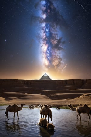 8K, UHD, low angle shot from feet-level, photo-realistic, cinematic, (first-person perspective:1.1) seamless smooth Moonstone pyramid, pure gold capstone, narrow canal of water across dessert, lightning sparks emitting from top, egyptians in robes and hoodie walking towards, camels feeding, perfect lighting, stunning view, dim skies, constellations clearly seen in skies, cosmic alignment 