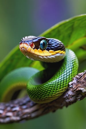8K, UHD, super macro shot, ultra clear subject,   photo-realistic (tree snake on tree branch:1.2) dramatic crop, ƒ/0.8, depth_of_field, 1/2000 shutter speed, super detailed, focus on eyes, insane details, blur background, magnification of 50x, flower