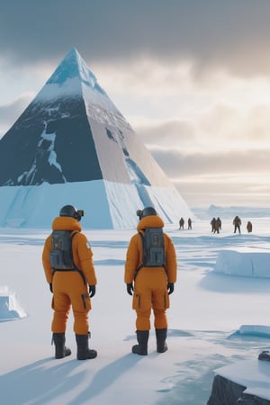 8K, UHD, wide-angle perspective, photo-realistic, cinematic, dystopian misty skies, antartica secret snow base, explorers and scientists in winter suit standing on a indoor cliff overlooking a different dimension, filled with research building, reflective sky mirroring the actual world on the ground, lost in liminal space, snow-covered pyramids, beeple. octane render, creepy caves, underworld, secret undiscovered world, many antarctica explorers, prehistorical mystery creatures