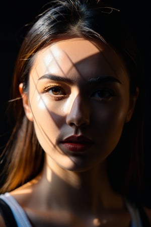 8K, UHD, Fujifilm XT1, angled perspective portraits, photo-realistic, show face only, detailed eyes, pretty girl in front of black background, (geometric light cast on face:1.2) geometrical harsh natural highlights on face, intense sunlight shining through geometrical shape template casting light shadows