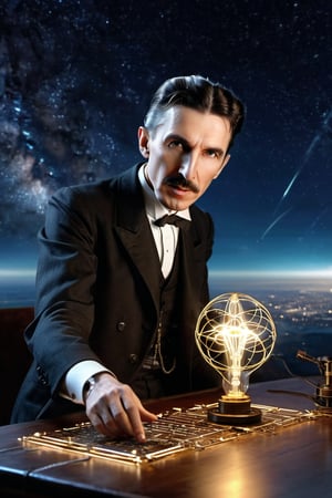 8K, UHD, wide-angle perspective, photo-realistic, realistic skin texture and natural skintone, cinematic, photo of (Nikola Tesla:1.2) experimenting with frequencies, testing the earth's ether, Wardenclyffe Towers passing electricity wirelessly, auroras in earths ionosphere, night skies, amazing lights, transmitting energy