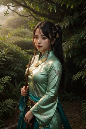 dreamlike movie portrait of beautiful chinese sexy wuxia girl in a magical forest holding a sword, wushu pose, surreal fantasy, highly detailed, in picturesque treetops. Forlorn. Long Exposure. cinematic, atmospheric lighting, detailed foliage, surreal atmosphere, intricate wuxia costume, chiffon