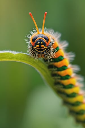 8K, UHD, super macro shot, ultra clear subject,   photo-realistic (caterpillar on plant:1.2) dramatic crop, ƒ/0.8, depth_of_field, 1/2000 shutter speed, super detailed, focus on eyes, insane details, blur background, magnification of 100x, flower