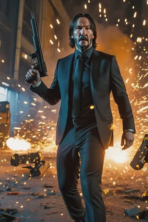 8K, UHD, first-person low-angle perspective, panoramic, photo-realistic, cinematic, destopian lighting, John Wick with pistol, spark from pistol, bullets flying, multiple enemies in armoured suit fighting scene from John Wick movie