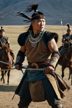 8K, UHD, panaromic shot, photo-realistic, cinematic, dark light, dystopian lighting, photo of ancient mongolians, young man, multiple mongol warriors, tanned skin, perfect composition, detailed intricate ancient mongolian fashion, fighters shooting bows and arrows, swords, war scene, battle, detailed patterned headwear, fur, riding horses, sand volumetric, masterpiece, military tents, charging on horses, gobi desert.