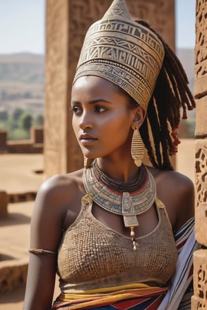 8K, UHD, portrait, full_body shot, photo-realistic, cinematic, photo of ancient ethopia women, 800 BCE, dark skin, perfect composition, beautiful detailed intricate ancient Lalibela style fashion, detailed patterned headwear, stone jewelry, natural volumetric cinematic perfect light, masterpiece, extravagant city of Aksum palace, stone churches, Sabean architecture, obelisk with carvings, Aksumite Civilizations, walia ibex on a leash