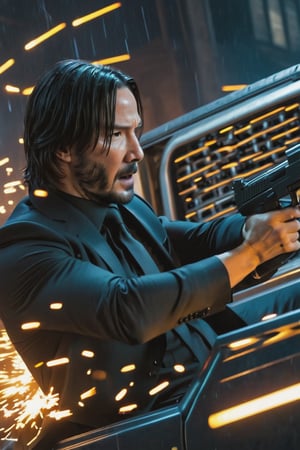 8K, UHD, first-person low-angle perspective, panoramic, photo-realistic, cinematic, destopian lighting, John Wick with pistol driving a truck, spark from pistol, bullets flying, shooting at multiple enemies in armoured suit, fighting scene from John Wick movie