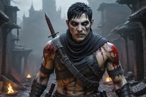 ultra realistic, masterpiece , highest quality, 8k, bokeh, highly detailed eyes, hyper realistic, 4K, 8k, (((full_body))), male undead zombie, male undead rouge in the style of world of warcraft, ((boney_body)), decaying_face, scars and rotting wounds in face, scars and rotting wounds all over his body, wearing leather armor with black and red details and a black bandanna, ((holding bloody daggers in his hands)), short black messy hair, in undercity, abs, black eyes, z0mb13, A full body photograph, dark and misty surroundings,