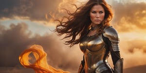 A majestic Swedish knight perches triumphantly atop a colossal sandy mound as sunset's blazing orange illumination defines her armor, emphasizing the subtle curve of her bust and the contours of her athletic physique. Her sword tip barely grazes the dune's surface as she fixes the viewer with an unyielding gaze, her steadfast form bounded by turbulent clouds of sand and wild hair. Flames dance from the sword, casting a heroic visage against a canvas of golden light and crimson desert hues. The lower portion of her armor morphs into wispy smoke. Her chiseled physique, honed through rigorous training, commands attention as she stands victorious in the fiery desert landscape.