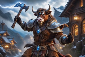 1girl, ultra realistic, masterpiece , highest quality, 8k, bokeh, highly detailed eyes, hyper realistic, 4K, 8k, male tauren, ((full_brown_furry_body)), cow like face, wearing huge leather shoulder armor with lighning comming from them, wearing leather shaman armor, wearing a shaman headband with lightning comming from it, wearing a long magical cloak, holding two axe,s casting a spell of lightning, action posses, long brown hair flying in the wind, muscular body, photo studio lighting, in stormwind city, abs, magical shining blue eyes, floating rocks fly in the air around him ,anthro, (furry cow_tail), mane infront of his eye, ((furr hands)),