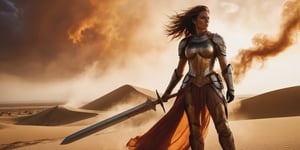 A majestic Swedish knight perches triumphantly atop a colossal sandy mound as sunset's blazing orange illumination defines her armor, emphasizing the subtle curve of her bust and the contours of her athletic physique. Her sword tip barely grazes the dune's surface as she fixes the viewer with an unyielding gaze, her steadfast form bounded by turbulent clouds of sand and wild hair. Flames dance from the sword, casting a heroic visage against a canvas of golden light and crimson desert hues. The lower portion of her armor morphs into wispy smoke. Her chiseled physique, honed through rigorous training, commands attention as she stands victorious in the fiery desert landscape.