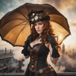 A steam-powered metropolis landscape unfolds as a striking Swedish steampunk woman stands tall, her intricate attire gleaming in the soft, copper-hued light of the setting sun. A delicategothic Lolita costume. Her long, curly brown hair is adorned with a miniature, clockwork bird perched atop a gleaming, silver-plated headpiece. The woman's eyes sparkle with curiosity as she gazes upon the industrial landscape of pipes, gears, and hissing steam vents, her gloved hand resting on the grip of a ornate, brass-plated revolver. her outfit is super sexy and revealing. Holding a steampunk style umbrella.