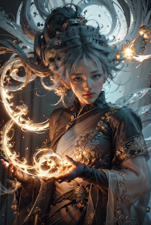 (masterpiece, top quality, best quality, official art, beautiful and aesthetic:1.2), (1girl), extreme detailed,(abstract, fractal art:1.3),colorful hair,highest detailed, detailed_eyes, fire, water, ice, lightning, light_particles, ghost,
