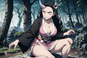 1girl,huge muscle,muscular,nezuko kamado,single horn,angry,fang,clenched teeth,black hair, forehead,hair ribbon, long hair, multicolored hair, pink eyes, orange hair, slit pupils, wavy hair, two-tone hair, asa no ha (pattern), checkered sash, haori, japanese clothes, kimono, long sleeves, obi, pink kimono, sash, wide sleeves,forest,sitting 
Spread legs, pussy, naked,  