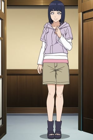 source_anime, 1girl, hinata_v2, hoodie, shorts, full body, beautiful body, beautiful legs, anime screencap, 