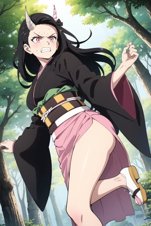 1girl,huge muscle,muscular,nezuko kamado,single horn,angry,fang,clenched teeth,black hair, forehead,hair ribbon, long hair, multicolored hair, pink eyes, orange hair, slit pupils, wavy hair, two-tone hair, asa no ha (pattern), checkered sash, haori, japanese clothes, kimono, long sleeves, obi, pink kimono, sash, wide sleeves,forest,dynamic angle,dynamic pose,extremely excellent composition,visual appeal,one leg up, pantyless, pussy, kicking 