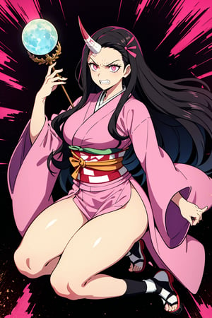 Full body,1girl,huge muscle,muscular,nezuko kamado,single horn,angry,fang,clenched teeth,black hair, forehead,hair ribbon, long hair, multicolored hair, pink eyes, orange hair, slit pupils, wavy hair, two-tone hair, asa no ha (pattern), checkered sash, haori, japanese clothes, kimono, long sleeves, obi, pink kimono, sash, wide sleeves,extremely excellent composition,visual appeal,beautiful legs, 