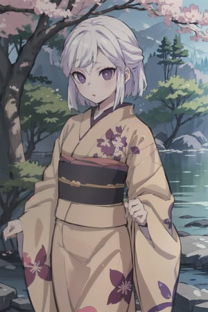 masterpiece,  best quality,  highest quality,  detailed background, Amane_Ubuyashiki,  1girl,  solo, white hair, kimono, makeup,  obi,  red lips,  long sleeves,  wide sleeves,  beige kimono,  purple eyes,  asymmetrical hair,  sakura tree,  standing, (lora:EMS-59701-EMS:1.000000) 