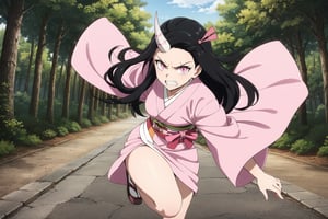 1girl,huge muscle,muscular,nezuko kamado,single horn,angry,fang,clenched teeth,black hair, forehead,hair ribbon, long hair, multicolored hair, pink eyes, orange hair, slit pupils, wavy hair, two-tone hair, asa no ha (pattern), checkered sash, haori, japanese clothes, kimono, long sleeves, obi, pink kimono, sash, wide sleeves,forest,dynamic angle,dynamic pose,extremely excellent composition,visual appeal,one leg up, pantyless, pussy, kicking at viewer, front_view, 