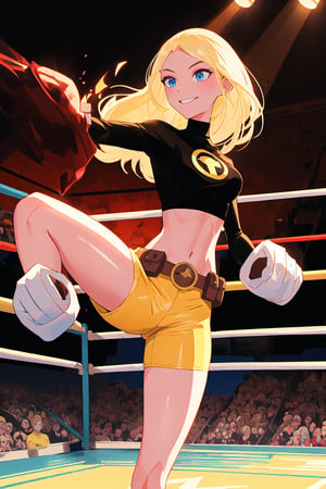 terra, 1girl, solo, blue eyes, long hair, blonde hair, dark-skinned female, shiny clothing, black shirt, crop top, yellow shorts, midriff, belt, brown gloves, turtleneck, smile, closed mouth, standing in a fighting stance on a wrestling ring, intense focus. (insanely detailed, beautiful detailed face, masterpiece, best quality) cinematic lighting