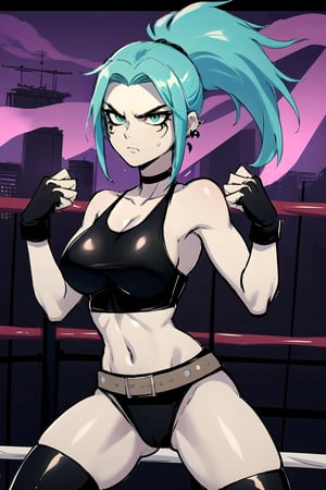 ((masterpiece,best quality)), absurdres,, Ember_McLain_Danny_Phantom, pony tail, aqua hair,smug, goth, big belt, wrestling ring background, fighting stance, intense expression, facing opponent, cinematic composition, contrapposto