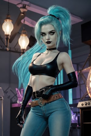 ((masterpiece,best quality)), absurdres,, Ember_McLain_Danny_Phantom, pony tail, aqua hair,smug, goth, big belt,blue fire and music notes in background, cinematic composition, contrapposto