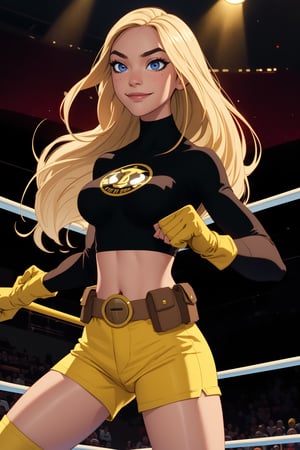 terra, 1girl, solo, blue eyes, long hair, blonde hair, dark-skinned female, black shirt, crop top, yellow shorts, midriff, belt, brown gloves, turtleneck, smile, closed mouth, standing in a fighting stance on a wrestling ring, intense focus. (insanely detailed, beautiful detailed face, masterpiece, best quality) cinematic lighting