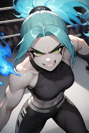 score_9, score_8_up, score_7_up, more detail XL, Expressiveh, colorful, backlit, wrestling ring background, rating_safe, 1girl, solo, zzEmber, crop top, pants, ponytail, aqua hair, grey skin, goth, blue fire, green eyes, smug, fighting stance, intense expression, facing opponent, dynamic angle, above view